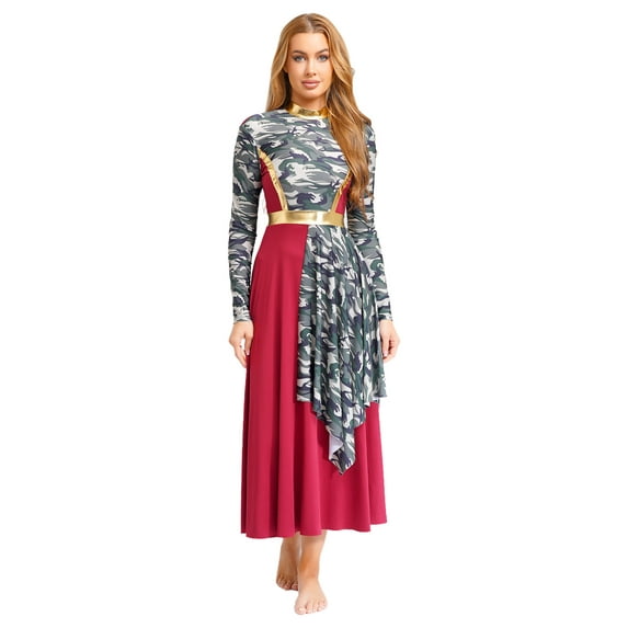 Nyeemya Liturgical Praise Dance Dress for Women Long Sleeve Mock Neck Printed Metallic Worship Church Gowns Burgundy S