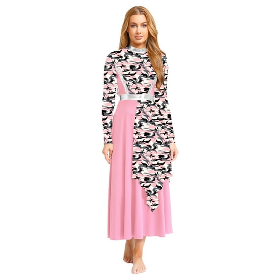 Nyeemya Liturgical Praise Dance Dress for Women Long Sleeve Mock Neck Printed Metallic Worship Church Gowns Pink XXL