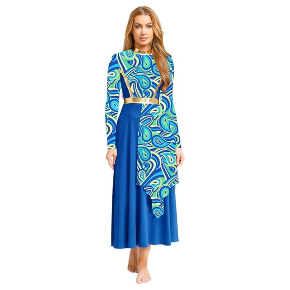 Nyeemya Liturgical Praise Dance Dress for Women Long Sleeve Mock Neck Printed Metallic Worship Church Gowns Royal XXL
