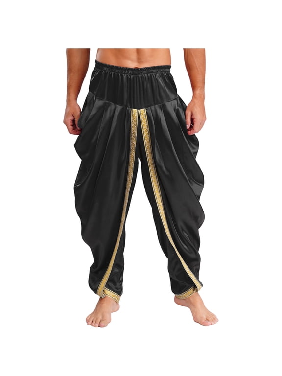 Men's Arabian Prince Harem Pants Satin Yoga Beach High Waist Baggy Trousers for Belly Dance Black S