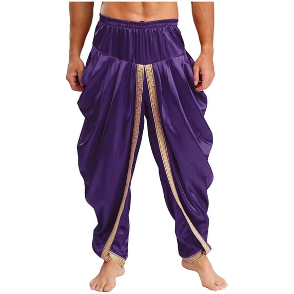 Nyeemya Men's Arabian Prince Harem Pants Satin Yoga Beach High Waist Baggy Trousers for Belly Dance Purple L