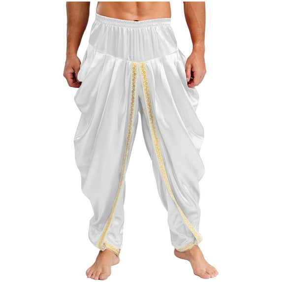 Nyeemya Men's Arabian Prince Harem Pants Satin Yoga Beach High Waist Baggy Trousers for Belly Dance White M