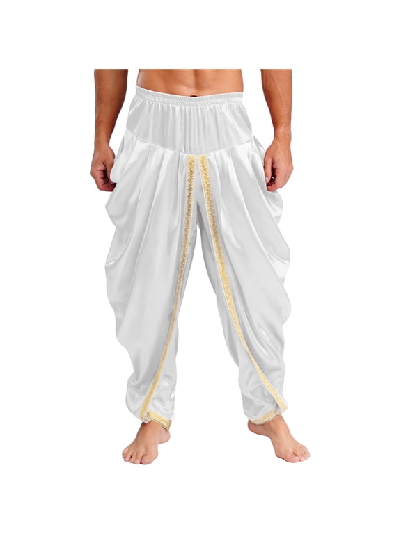 Men's Arabian Prince Harem Pants Satin Yoga Beach High Waist Baggy Trousers for Belly Dance White XL