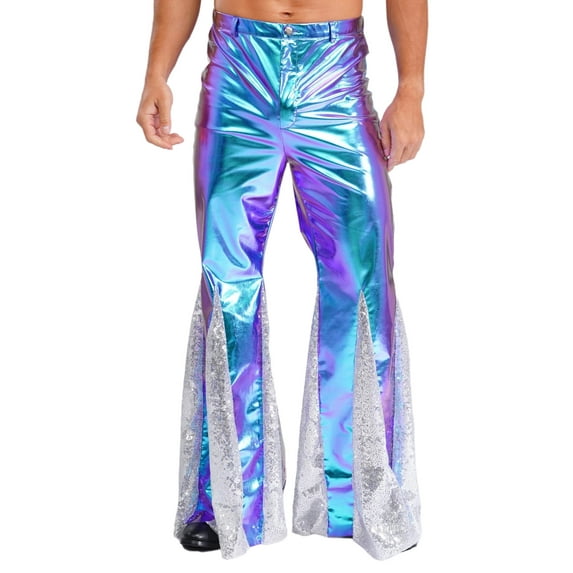 Nyeemya Men's Shiny Metallic Disco Pants 70s Vintage Hippie Trousers Sequins Bell Bottoms Flared Pants Blue 3XL