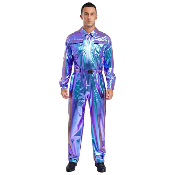 Nyeemya Men's Shiny Metallic Overalls Mechanic Suit Space Man Work Coveralls One Piece Disco Jumpsuits with Belt Blue XL