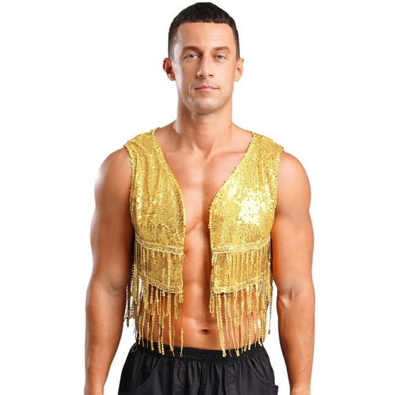Nyeemya Men's Shiny Sequins Open Front Jacket 70s Hippie Tassel Vest Disco Party Sleeveless Cropped Tank Top Gold L