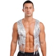 thumbnail image 1 of Nyeemya Men's Shiny Sequins Open Front Jacket 70s Hippie Tassel Vest Disco Party Sleeveless Cropped Tank Top Silver M, 1 of 7