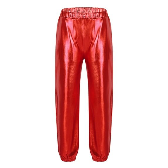 Nyeemya Shiny Metallic Pants for Kids Boys Girls Hip Hop Dance Party Bottoms Pull-on Trousers Red 8