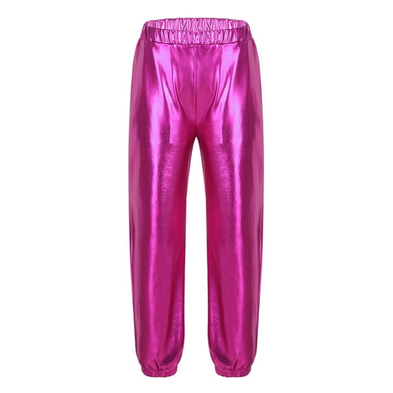 Nyeemya Shiny Metallic Pants for Kids Boys Girls Hip Hop Dance Party Bottoms Pull-on Trousers Rose 10