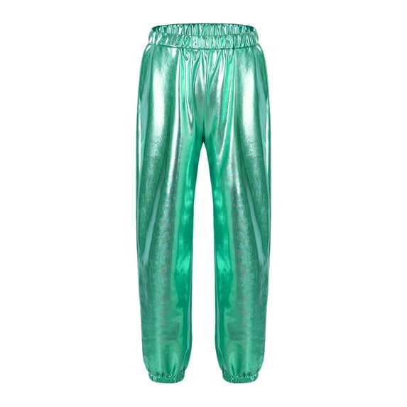 Nyeemya Shiny Metallic Pants for Kids Boys Girls Hip Hop Dance Party Bottoms Pull-on Trousers Blue Green 6