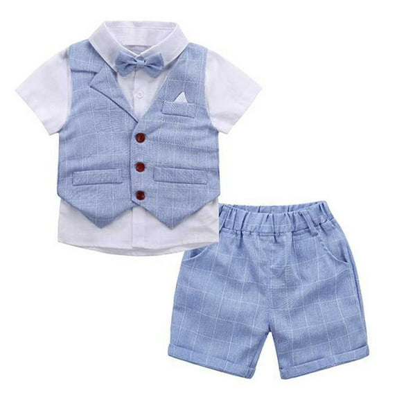 Nyeemya Toddler Kids Boys Wedding Formal Suit Short Sleeve Vest Shirt Shorts Bow Tie Tuxedo Outfit Sky Blue 110