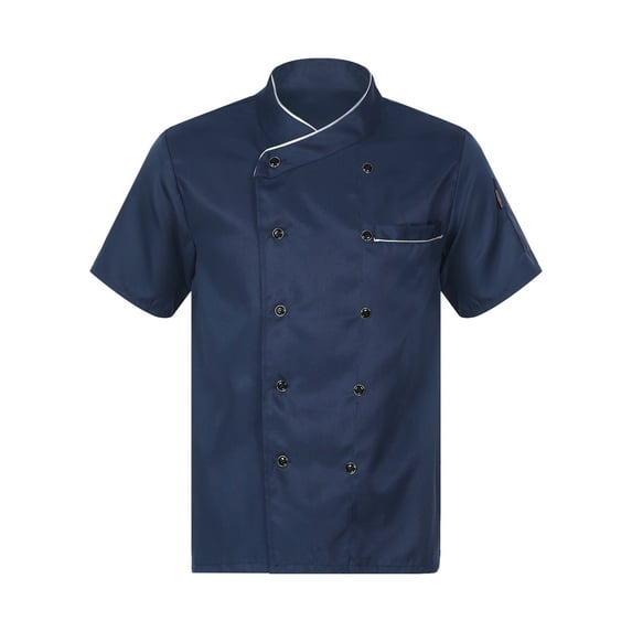 Nyeemya Unisex Mens Womens Double-Breasted Chef Coat Cooks Jacket Chef Works Kitchen Cooking Uniform Blue Short Sleeve L