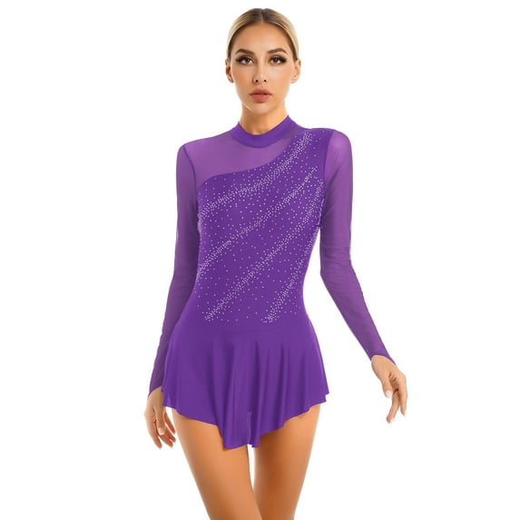 Nyeemya Women Adult Shiny Figure Ice Skating Dress Long Sleeve Roller Skating Ballet Dance Dress Purple XL
