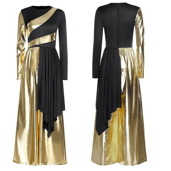 Nyeemya Women Liturgical Praise Dance Bodysuit Metallic Color Overlay Dress Wide-Leg Jumpsuit Choir Gown Black XXL
