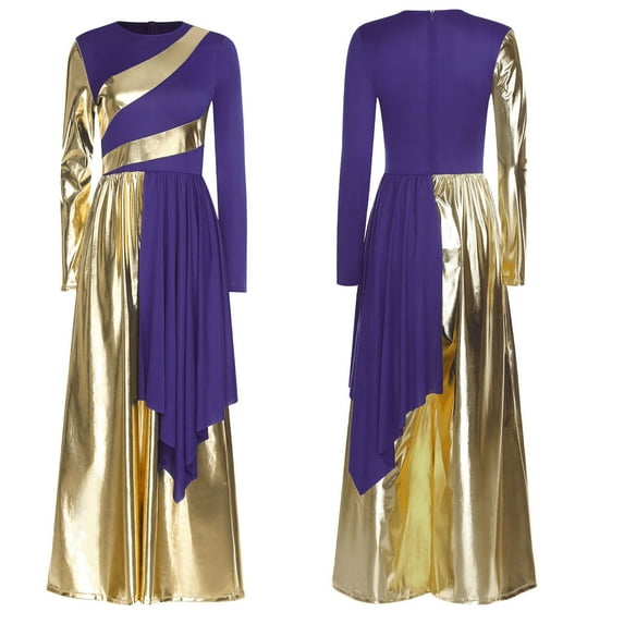 Nyeemya Women Liturgical Praise Dance Bodysuit Metallic Color Overlay Dress Wide-Leg Jumpsuit Choir Gown Purple 3XL