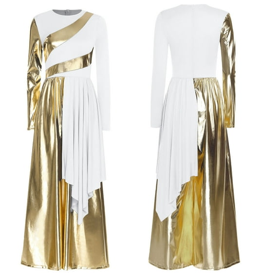 Nyeemya Women Liturgical Praise Dance Bodysuit Metallic Color Overlay Dress Wide-Leg Jumpsuit Choir Gown White L