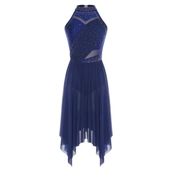 Nyeemya Women Lyrical Dance Dress Modern Contemporary Dancewear Halter Neck Sequins Mesh Chiffon Skirt Leotard Navy Blue S