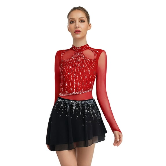 Nyeemya Women Sparkly Mesh Long Sleeve Figure Skating Dresses Contemporary Dance Dress Lyrical Ballet Dancewear Burgundy M
