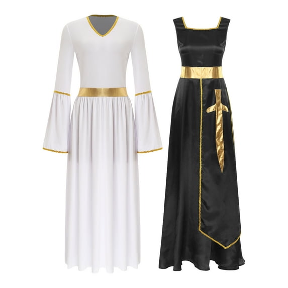 Nyeemya Women's 2 Piece Lyrical Dance Outfit Liturgical Worship Maxi Dress with Praise Dance Tunic Black&White XXL