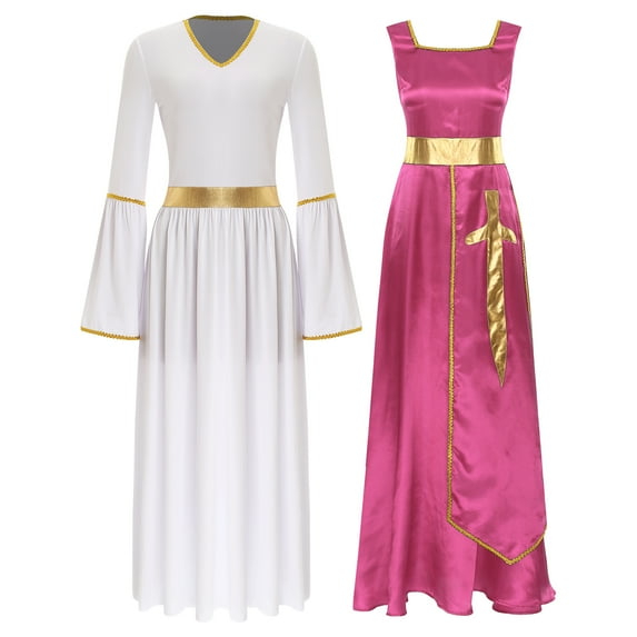 Nyeemya Women's 2 Piece Lyrical Dance Outfit Liturgical Worship Maxi Dress with Praise Dance Tunic Hot Pink&White XXL
