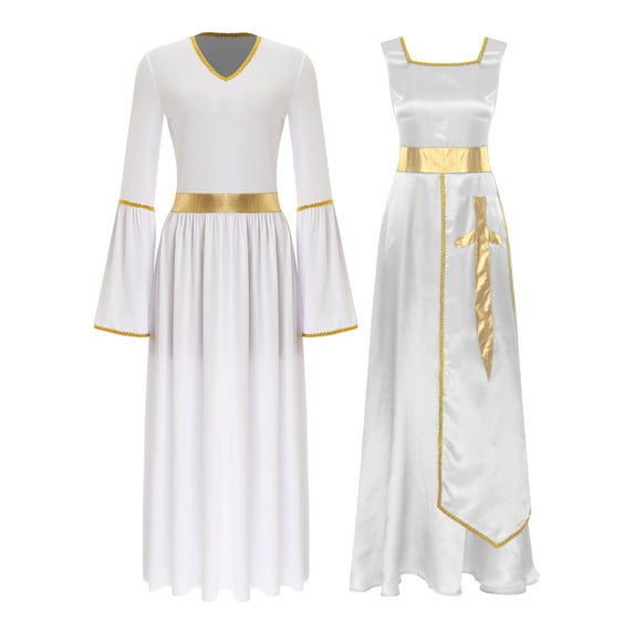 Nyeemya Women's 2 Piece Lyrical Dance Outfit Liturgical Worship Maxi Dress with Praise Dance Tunic White&White M