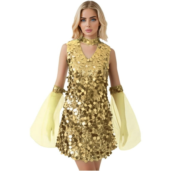 Nyeemya Women's 70s Retro Disco Dance Dress Hippie Sequin Sensation Dress Cocktail Club Party Dresses Gold S