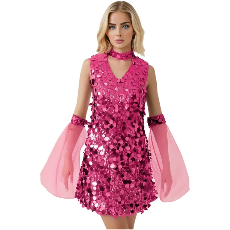 Nyeemya Women's 70s Retro Disco Dance Dress Hippie Sequin