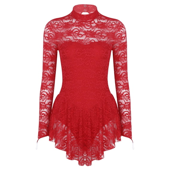 Nyeemya Women's Figure Skating Dress Ballerina Floral Lace Long Sleeve Tutu Skirted Leotard Ballet Dance Dresses Red XL