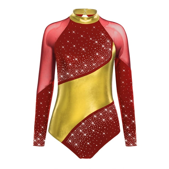 Nyeemya Women's Rhinestone Ballet Dance Leotard Long Sleeve Gymnastics Bodysuit Figure Skating Top Burgundy&Gold L