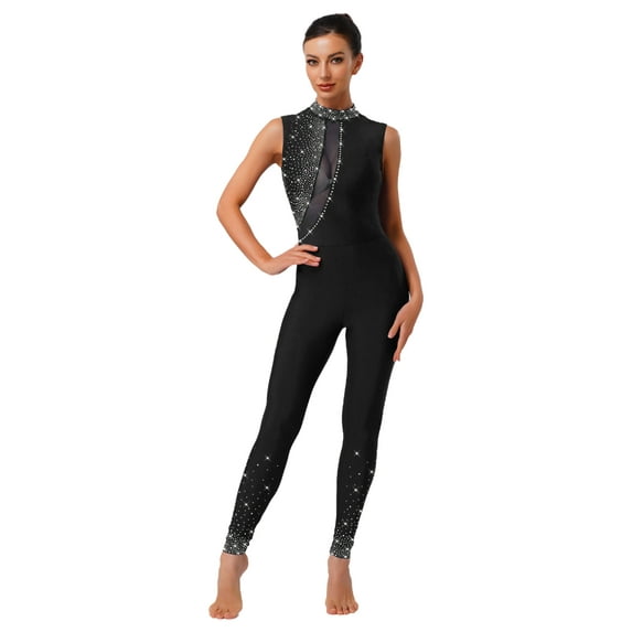 Nyeemya Women's Rhinestones Sleeveless Full Body Jumpsuit Romper Leotard Unitard for Ballet Dance Black XXL