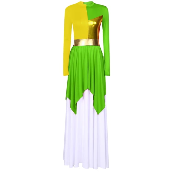Nyeemya Womens Liturgical Dancewear Maxi Dress Metallic Contrast Color Lyrical Praise Dance Dresses Green S