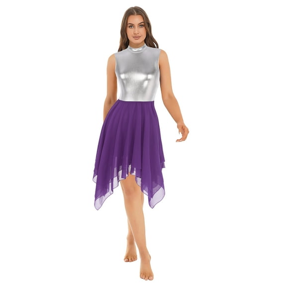 Nyeemya Womens Praise Contemporary Dance Dress Metallic Sleeveless Liturgical Dance Dress Tunic Purple 3XL