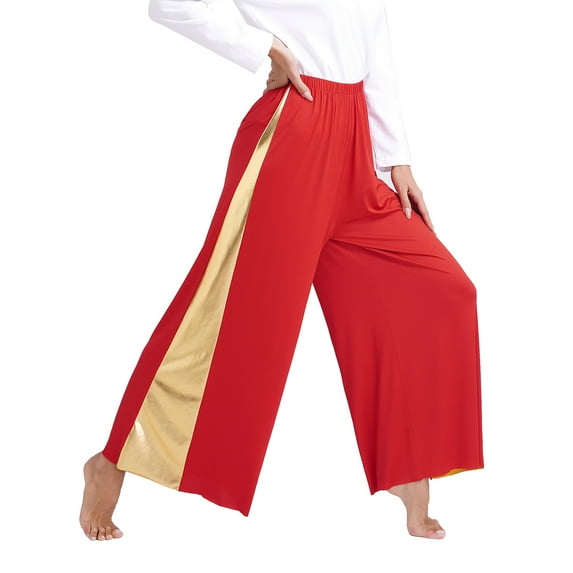 Nyeemya Womens Praise Dance Palazzo Pants Metallic Patchwork Wide-Leg Liturgical Dance Pants Red S
