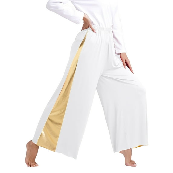 Nyeemya Womens Praise Dance Palazzo Pants Metallic Patchwork Wide-Leg Liturgical Dance Pants White L