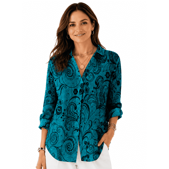 Nyfairy Women's Plus Size Printed Button Down Shirt, Long Sleeve Collared Casual Blouse, Loose Fit Top