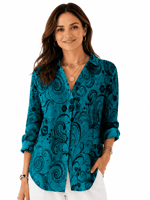 Women's Plus Size Printed Button Down Shirt, Long Sleeve Collared Casual Blouse, Loose Fit Top