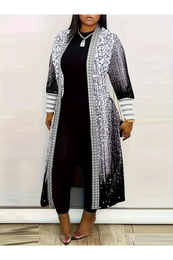 Plus Size Open Front Long Sleeve Printed Duster Cardigan