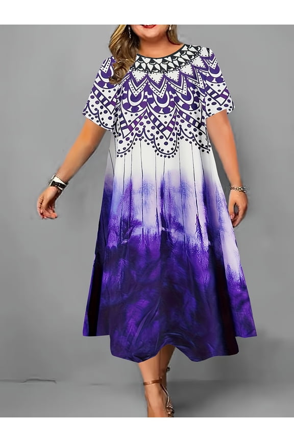 Plus Size Short Sleeve Knee-Length Dress, Purple White Ombre Ethnic Print Flowy Casual Dress for Women