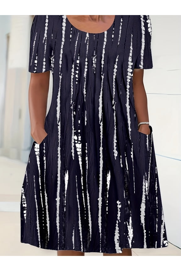 Plus Size Short Sleeve Round Neck Silver Stripe Sequin A-Line Midi Dress with Pockets