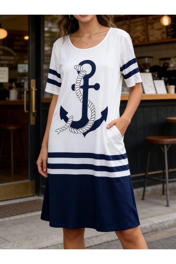 Women's Plus Size Nautical Anchor Print Striped Short Sleeve T-Shirt Dress Casual Summer Cruise Shift with Pockets
