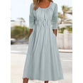 thumbnail image 1 of Nyfairy Plus Size Solid Light Blue Scoop Neck 3/4 Sleeve Pleated Textured Casual Midi Dress With Side Pockets, 1 of 4