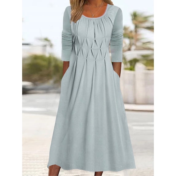 Nyfairy Plus Size Solid Light Blue Scoop Neck 3/4 Sleeve Pleated Textured Casual Midi Dress With Side Pockets