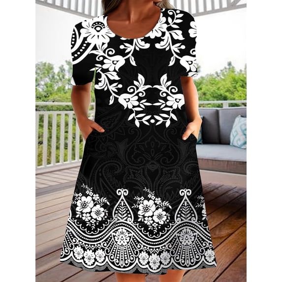 Nyfairy Plus Size Women 5 Styles Print Round Neck Short Sleeve Casual Midi Dress With Side Pockets