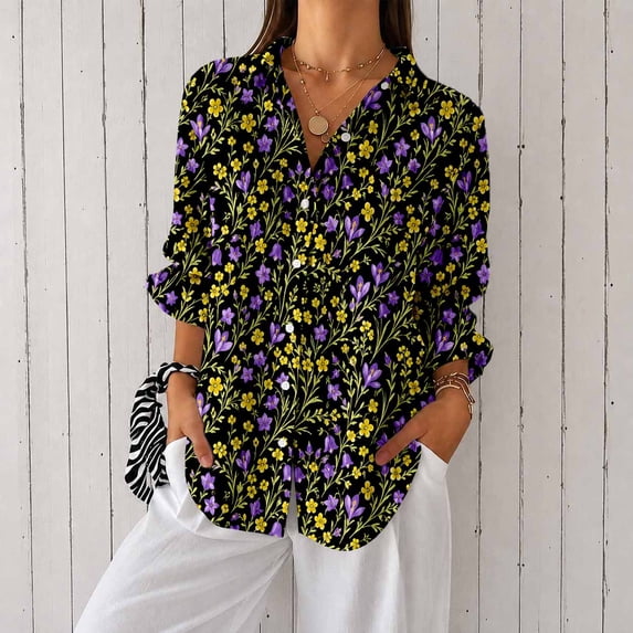 Nyfairy Plus Size Women's Floral Embossed Print Long Sleeve Button Down Casual Shirt