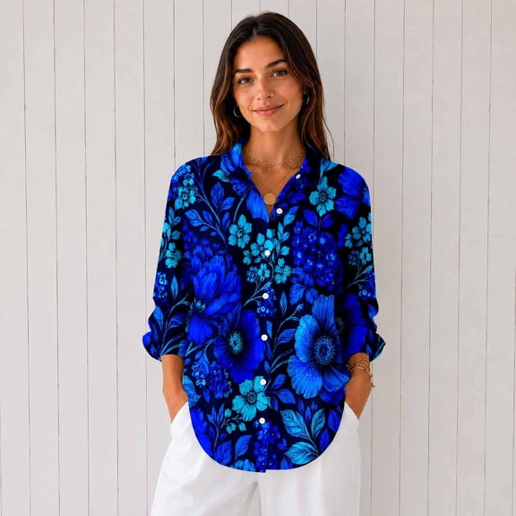 Nyfairy Plus Size Women's Floral Embossed Print Long Sleeve Button Down Casual Shirt