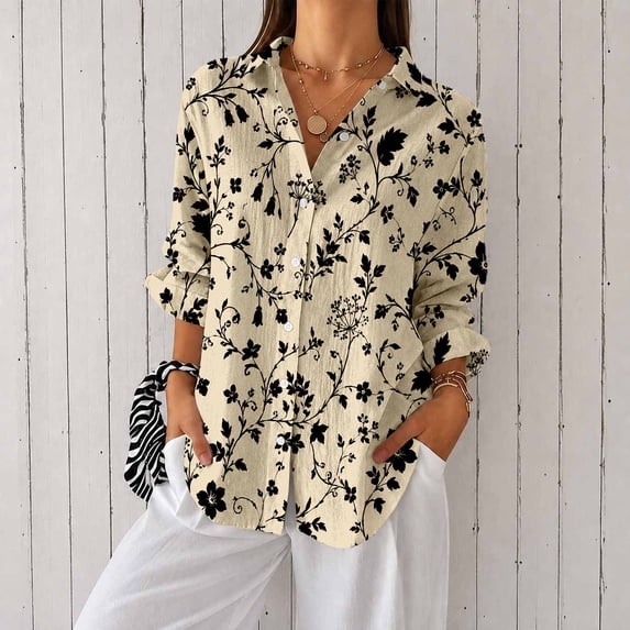 Nyfairy Plus Size Women's Floral Embossed Print Long Sleeve Button Down Casual Shirt