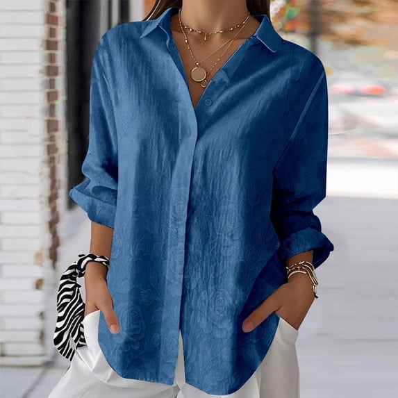 Nyfairy Plus Size Women's Floral Embossed Print Long Sleeve Button Down Casual Shirt