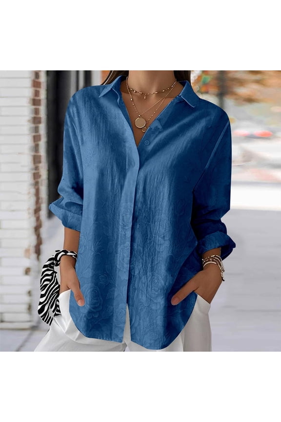 Plus Size Women's Floral Embossed Print Long Sleeve Button Down Casual Shirt