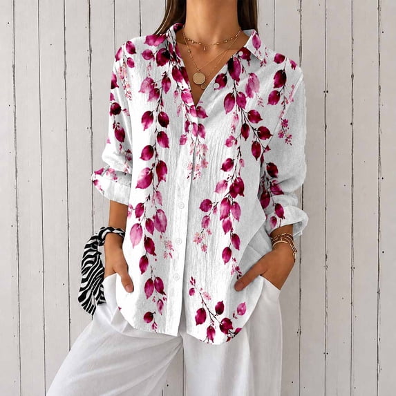 Nyfairy Plus Size Women's Floral Embossed Print Long Sleeve Button Down Casual Shirt
