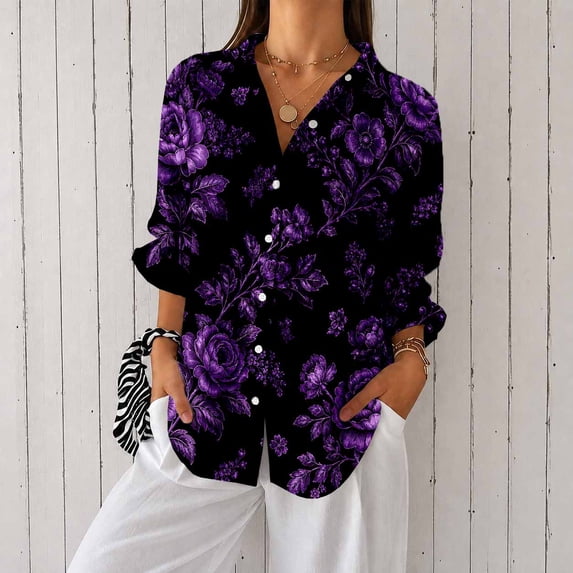 Nyfairy Plus Size Women's Floral Embossed Print Long Sleeve Button Down Casual Shirt